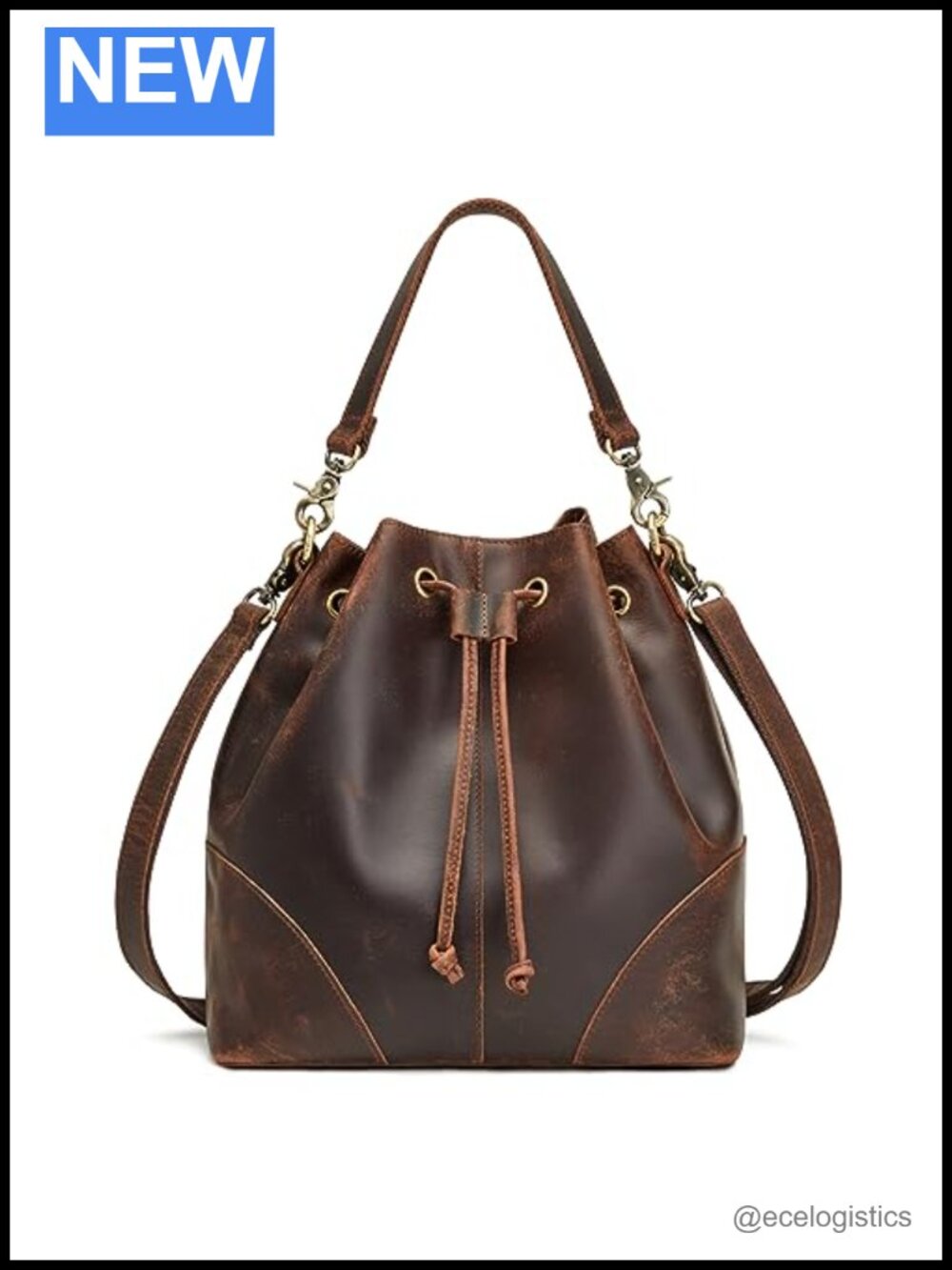 Genuine Leather Crossbody Drawstring Bucket Bag with 2 Straps